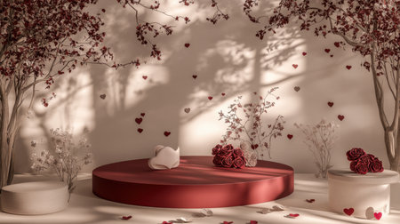 A dreamy Valentine's Day theme with a red circular stage, rose accents, and paper hearts in a soft beige setting.の素材