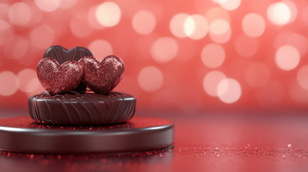 A digital Valentine's Day illustration with a red stage, chocolate details, and hearts on a sparkling glitter gradientの素材