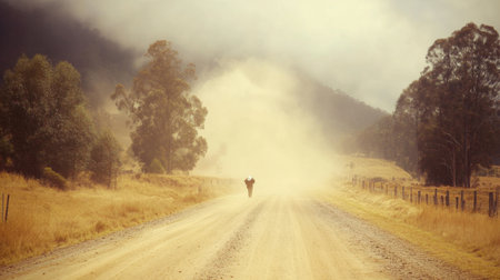 A dusty rural road with a lone pedestrian shielding their face from airborne dust.の素材