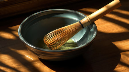 A dark wood background featuring matcha powder in a bowl and a bamboo whisk, perfect for ads with space for text.の素材