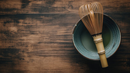 A dark wood background featuring matcha powder in a bowl and a bamboo whisk, perfect for ads with space for text.の素材