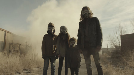 A family wearing masks and goggles standing outdoors in a dust-polluted area, staying protected.の素材