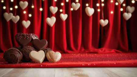 A dreamy Valentine's scene with a chocolate-decorated red stage and paper hearts on a glittery backdrop.の素材