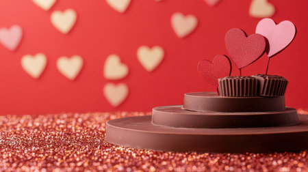 A dreamy Valentine's scene with a chocolate-decorated red stage and paper hearts on a glittery backdrop.の素材