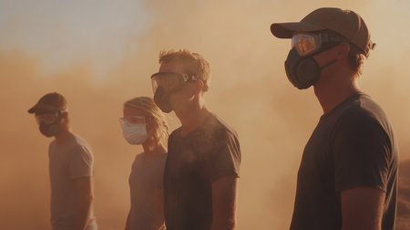 A family wearing masks and goggles standing outdoors in a dust-polluted area, staying protected.の素材