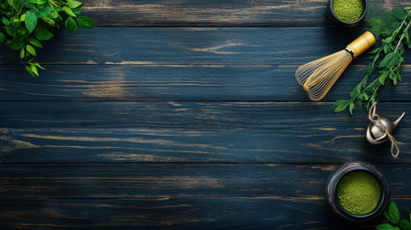 A flat lay of matcha powder, whisk, and tea accessories on a dark wooden surface, with open space for text.の素材