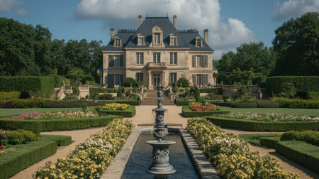 A French-style garden featuring elegant fountains, trimmed hedges, and vibrant flower beds, framed by a picturesque home.の素材