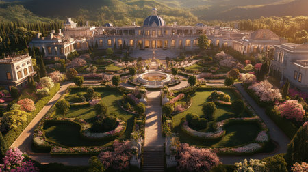 A formal French flower garden with intricate pathways and sculpted hedges leading to a charming French villa.の素材