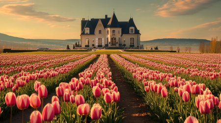A French-inspired flower garden featuring symmetrical rows of tulips and a grand French home in the distance.の素材