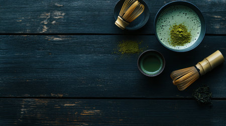 A flat lay of matcha powder, whisk, and tea accessories on a dark wooden surface, with open space for text.の素材