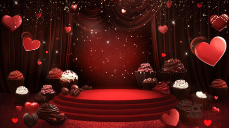 A fantasy-inspired Valentine's illustration with a red stage, chocolate patterns, and hearts on a glitter background.の素材