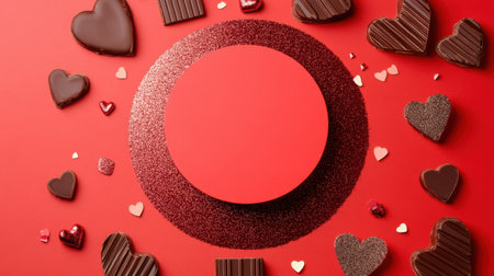 A glitter gradient Valentine's illustration with a round red stage, chocolate accents, and paper hearts.の素材