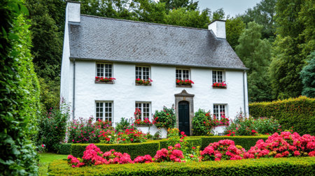 A French country house surrounded by vibrant flower beds, trimmed hedges, and colorful blooms.の素材