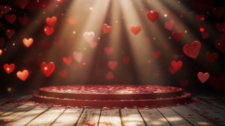 A glowing Valentine's background featuring a red chocolate-decorated stage and paper hearts on a glitter gradientの素材