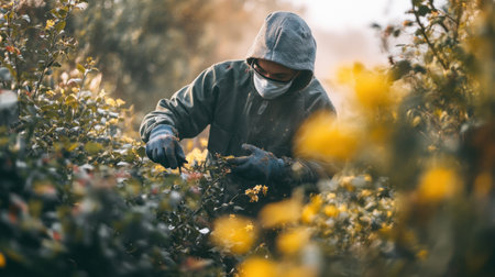 A gardener wearing gloves and a mask while working in a dusty, windy outdoor environment.の素材