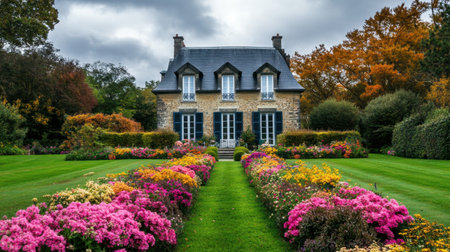 A French country house surrounded by vibrant flower beds, trimmed hedges, and colorful blooms.の素材