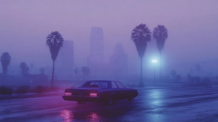 A hazy cityscape covered in smog, with cars moving through the low-visibility conditions.の素材