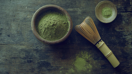 A minimalistic shot of matcha powder in a bowl and bamboo whisk on dark wood with a text area.の素材