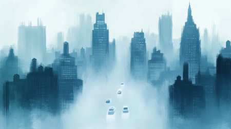 A hazy cityscape covered in smog, with cars moving through the low-visibility conditions.の素材