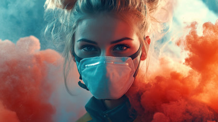 A person wearing a protective face mask in a dusty outdoor environment with visible airborne particlesの素材