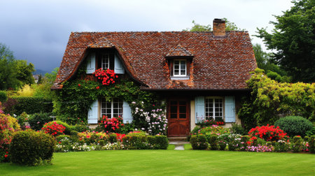 A perfectly arranged French garden with symmetrical flowers, trimmed shrubs, and a rustic French house.の素材
