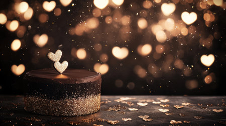 A luxurious Valentine's Day background with a chocolate-patterned stage, hearts, and a glittery gradient.の素材