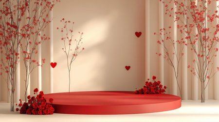 A minimalist Valentine's Day background with a rose-decorated red stage and hearts on a warm beige gradient.の素材