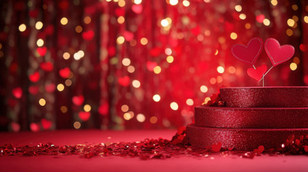A luxurious Valentine's Day scene with a chocolate-themed red stage, red paper hearts, and a sparkling glitter backgroundの素材