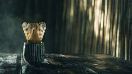A minimalist shot of matcha powder and a bamboo whisk, set on dark wood, with space for text for a wellness ad.の素材