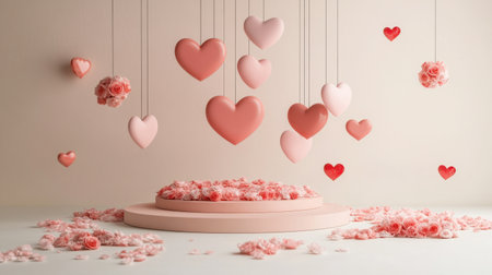 A luxurious Valentine's scene with a rose-adorned stage and hearts in a beige fantasy-inspired backdrop.の素材