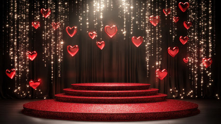A luxurious Valentine's theme with a red chocolate-accented stage, hearts, and a sparkling glitter gradient.の素材