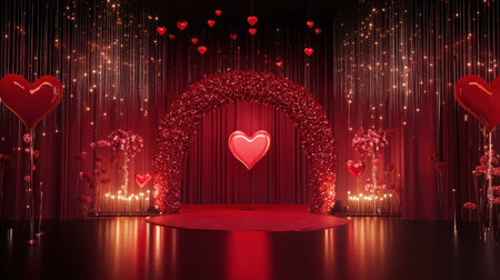 A luxurious Valentine's theme with a red chocolate-accented stage, hearts, and a sparkling glitter gradient.の素材