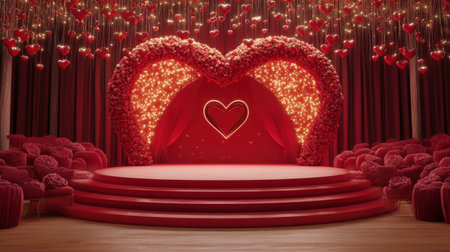 A luxurious Valentine's Day design featuring a red circular stage adorned with roses and hearts on a warm gradient backdropの素材