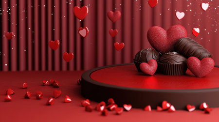 A luxurious Valentine's Day scene with a chocolate-themed red stage, red paper hearts, and a sparkling glitter backgroundの素材