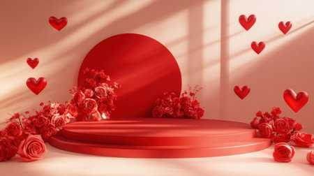 A minimalist Valentine's Day setup with a circular red stage, roses, and hearts on a beige background.の素材