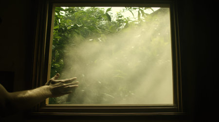 A person closing a window to prevent dust entry while the outdoor air appears hazy.の素材