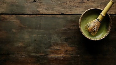 A minimalist shot of matcha powder and a bamboo whisk, set on dark wood, with space for text for a wellness ad.の素材