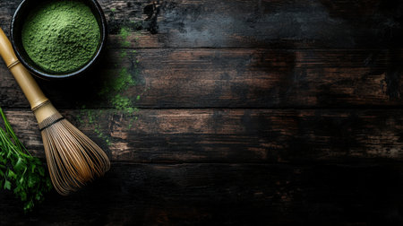 A minimalist shot of matcha powder and a bamboo whisk, set on dark wood, with space for text for a wellness ad.の素材
