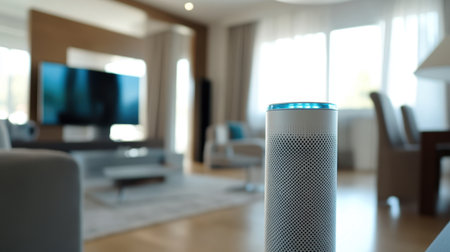 A modern, sleek air purifier functioning in a minimalist living room with dust-free surroundings.の素材