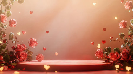A red and pink-themed Valentine's background featuring a circular platform adorned with roses and hearts, set against a beige gradient.の素材