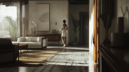 A person disinfecting surfaces in a home with a dusty atmosphere visible through the window.の素材