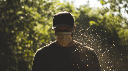 A person wearing a protective face mask in a dusty outdoor environment with visible airborne particlesの素材