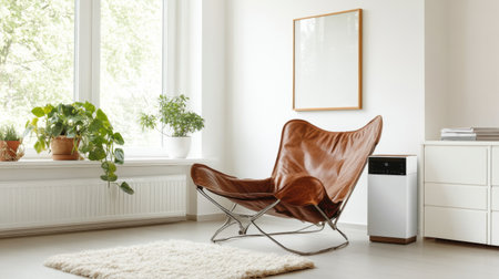 A modern, sleek air purifier functioning in a minimalist living room with dust-free surroundings.の素材
