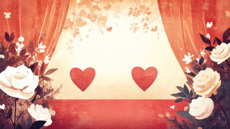 A romantic digital illustration of a red stage decorated with roses, two paper hearts, and a subtle beige gradient background.の素材