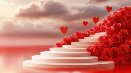 A red and beige Valentine's Day design featuring a rose-covered platform and paper hearts in a dreamy setting.の素材