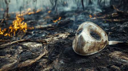 A protective mask placed next to a dusty outdoor scene, emphasizing the importance of prevention.の素材