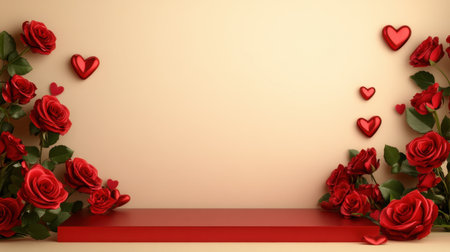 A romantic red stage with roses and hearts on either side, placed on a gradient beige Valentine's background.の素材