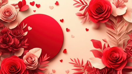 A romantic Valentine's background with a circular stage in red, floral rose accents, and paper hearts on a dreamy beige gradient.の素材