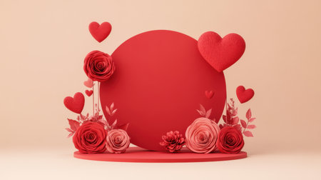 A red circular stage with roses and hearts, set on a beige gradient, creating a romantic Valentine's Day atmosphere.の素材