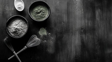 A simple, clean composition of matcha powder, whisk, and bowl on dark wood, leaving space for advertising text.の素材